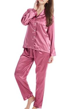 Damen Schlafanzug Pyjama Satin Lang Nachtwäsche Set Klassische Loungewear (Beere, L) von Sanraflic