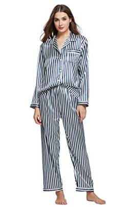 Damen Schlafanzug Pyjama Satin Lang Nachtwäsche Set Klassische Loungewear (Blau weiß Gestreift, S) von Sanraflic