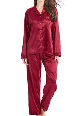 Damen Schlafanzug Pyjama Satin Lang Nachtwäsche Set Klassische Loungewear (Burgunder mit schwarzer Linie, M) von Sanraflic