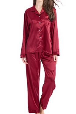 Damen Schlafanzug Pyjama Satin Lang Nachtwäsche Set Klassische Loungewear (Burgunder mit schwarzer Linie, S) von Sanraflic