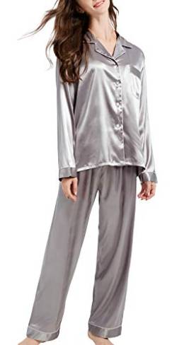 Damen Schlafanzug Pyjama Satin Lang Nachtwäsche Set Klassische Loungewear (Grau, M) von Sanraflic