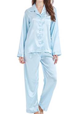 Damen Schlafanzug Pyjama Satin Lang Nachtwäsche Set Klassische Loungewear (Hellblau, L) von Sanraflic