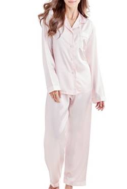 Damen Schlafanzug Pyjama Satin Lang Nachtwäsche Set Klassische Loungewear (Rosa, S) von Sanraflic