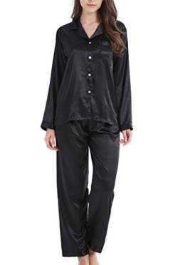 Damen Schlafanzug Pyjama Satin Lang Nachtwäsche Set Klassische Loungewear (Schwarz, L) von Sanraflic