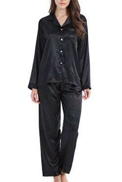 Damen Schlafanzug Pyjama Satin Lang Nachtwäsche Set Klassische Loungewear (Schwarz, M) von Sanraflic