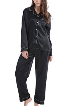 Damen Schlafanzug Pyjama Satin Lang Nachtwäsche Set Klassische Loungewear (Schwarz mit weißer Linie, S) von Sanraflic