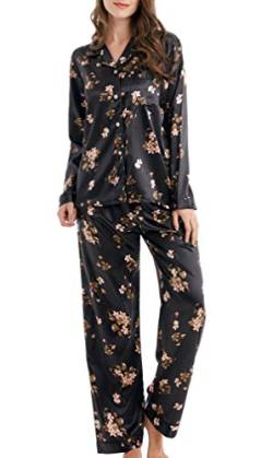 Damen Schlafanzug Pyjama Satin Lang Nachtwäsche Set Klassische Loungewear (Schwarze Blumen, M) von Sanraflic