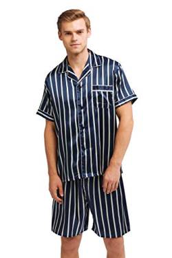 Herren Kurz Satin Schlafanzug Kurzarm Pyjama Set mit Shorts (Blau-Beige Gestreift, XL) von Sanraflic
