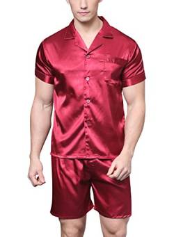 Herren Kurz Satin Schlafanzug Kurzarm Pyjama Set mit Shorts (Burgund, L) von Sanraflic