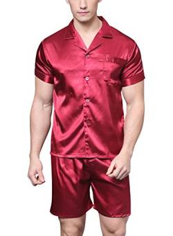 Herren Kurz Satin Schlafanzug Kurzarm Pyjama Set mit Shorts (Burgund, XL) von Sanraflic