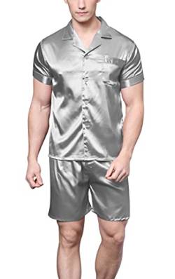 Herren Kurz Satin Schlafanzug Kurzarm Pyjama Set mit Shorts (Grau, M) von Sanraflic