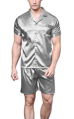 Herren Kurz Satin Schlafanzug Kurzarm Pyjama Set mit Shorts (Grau, XXL) von Sanraflic