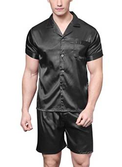 Herren Kurz Satin Schlafanzug Kurzarm Pyjama Set mit Shorts (Schwarz, L) von Sanraflic