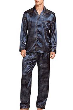 Herren Schlafanzug Pyjama Set Satin Nachtwäsche Langen Ärmel Loungewear (Blau Golden, M) von Sanraflic