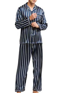 Herren Schlafanzug Pyjama Set Satin Nachtwäsche Langen Ärmel Loungewear (Blau und Beige Gestreift, XL) von Sanraflic