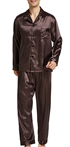 Herren Schlafanzug Pyjama Set Satin Nachtwäsche Langen Ärmel Loungewear (Braun, L) von Sanraflic