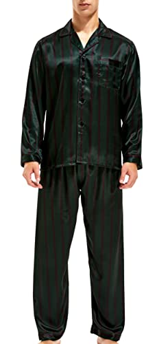 Herren Schlafanzug Pyjama Set Satin Nachtwäsche Langen Ärmel Loungewear (Grün Weinrot Gestreift, M) von Sanraflic