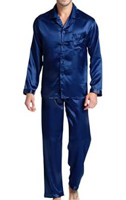 Herren Schlafanzug Pyjama Set Satin Nachtwäsche mit Langen Ärmel Loungewear (Blau, L) von Sanraflic
