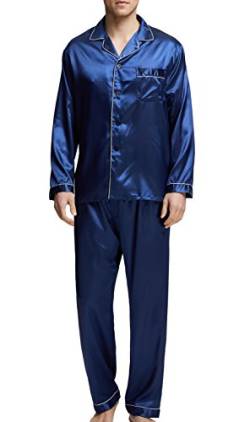 Herren Schlafanzug Pyjama Set Satin Nachtwäsche mit Langen Ärmel Loungewear (Blau mit weißer Linie, L) von Sanraflic