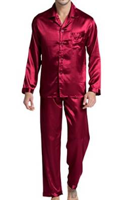 Herren Schlafanzug Pyjama Set Satin Nachtwäsche mit Langen Ärmel Loungewear (Burgund, L) von Sanraflic