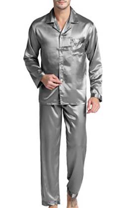 Herren Schlafanzug Pyjama Set Satin Nachtwäsche mit Langen Ärmel Loungewear (Grau, M) von Sanraflic