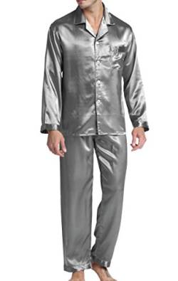 Herren Schlafanzug Pyjama Set Satin Nachtwäsche mit Langen Ärmel Loungewear (Grau, XXL) von Sanraflic