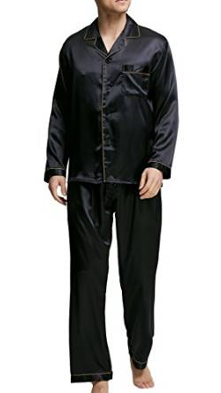 Herren Schlafanzug Pyjama Set Satin Nachtwäsche mit Langen Ärmel Loungewear (Schwarz mit Goldener Linie, L) von Sanraflic