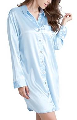 Nachthemd Damen, Satin Nachtkleid Langarm Nachtwäsche mit Knopfleiste Schlafhemd Freizeitkleidung (Blau, S) von Sanraflic