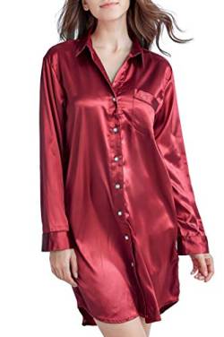 Nachthemd Damen, Satin Nachtkleid Langarm Nachtwäsche mit Knopfleiste Schlafhemd Freizeitkleidung (Burgund, L) von Sanraflic