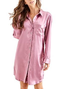 Nachthemd Damen, Satin Nachtkleid Langarm Nachtwäsche mit Knopfleiste Schlafhemd Freizeitkleidung (Dunkelrosa, S) von Sanraflic