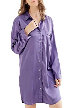 Nachthemd Damen, Satin Nachtkleid Langarm Nachtwäsche mit Knopfleiste Schlafhemd Freizeitkleidung (Violett, L) von Sanraflic