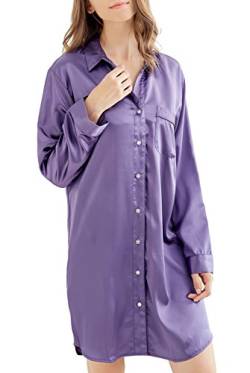 Nachthemd Damen, Satin Nachtkleid Langarm Nachtwäsche mit Knopfleiste Schlafhemd Freizeitkleidung (Violett, S) von Sanraflic