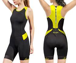 Santic Damen Triathlon Anzug Tri-Suit mit gepolstertem einteiligem ärmellosem Badeanzug Quick-Dry Rücken Reißverschluss, Schwarz / Gelb, S von Santic