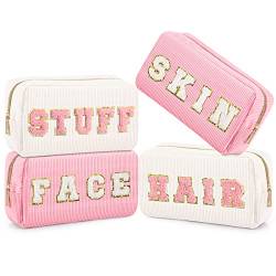 4 Pcs Preppy Patch Makeup Bag Cord Cosmetic Bag Makeup Accessories Skincare Bag Chenille Letter Bag Portable Zipper Face Bag Cute Girls Toiletry Bag for Women Travel, Rosa Weiß Serie Farbe von Sanwuta