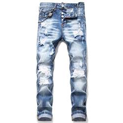 Herren Slim Jeans Hose Denim Hose Reißverschluss Blau Loch Bleistift Hose Jeans, 1049, 34 von Sanykongy