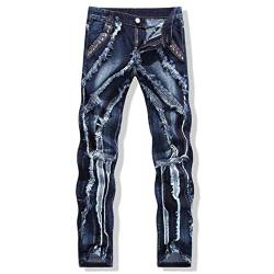 Sanykongy Herren Patchwork gespleißte Zerrissene Jeans Persönlichkeit Leder Nieten Slim Straight Denim Hosen, blau, Bundweite: 97 cm von Sanykongy