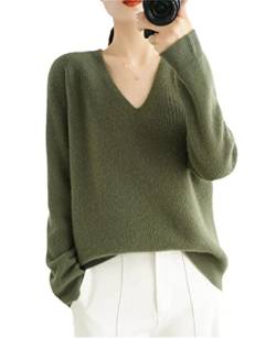 Herbst Winter 100% Kaschmir Pullover Damen Lose V-Ausschnitt Strickpullover Große Größe, armee-grün, M von SaoBiiu