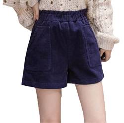 Warme, lässige Damen-Cord-Shorts mit Tasche, hohe Taille, lockere Damen-Shorts mit weitem Bein, dunkelblau, Medium von SaoBiiu