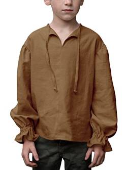 Saodimallsu Baumwolle Hemd Jungen Halloween Scottish Jacobite Tops Langärmelig V-Ausschnitt mit Kordelzug Shirts Mittelalterliches Piratenkostüm Kind Hemden Braun 13-14Jahre von Saodimallsu