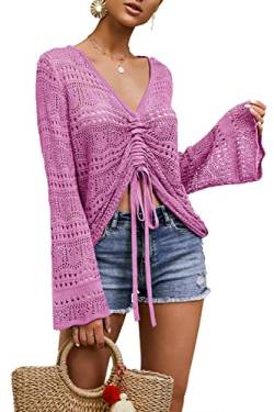Saodimallsu Damen Boho Off Shoulder Tops Flowy Oversized Glocke Ärmel Oberteil V-Ausschnitt Crochet Sexy Shirts Rose von Saodimallsu