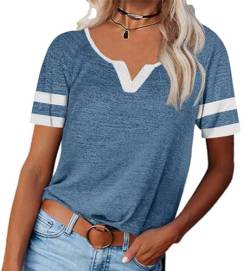 Saodimallsu Damen Kurzarm T Shirt mit V-Ausschnitt Basic Oberteile Sommer Casual Lose Tops Stilvoll Sportshirt Blau Groß von Saodimallsu