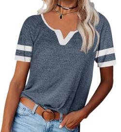 Saodimallsu Damen Kurzarm T Shirt mit V-Ausschnitt Basic Oberteile Sommer Casual Lose Tops Stilvoll Sportshirt Dunkelblau Mittel von Saodimallsu