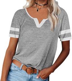 Saodimallsu Damen Kurzarm T Shirt mit V-Ausschnitt Basic Oberteile Sommer Casual Lose Tops Stilvoll Sportshirt Grau Mittel von Saodimallsu