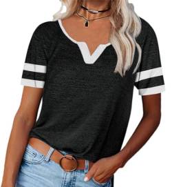 Saodimallsu Damen Kurzarm T Shirt mit V-Ausschnitt Basic Oberteile Sommer Casual Lose Tops Stilvoll Sportshirt Schwarz Mittel von Saodimallsu