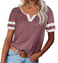 Saodimallsu Damen Kurzarm T Shirt mit V-Ausschnitt Basic Oberteile Sommer Casual Lose Tops Stilvoll Sportshirt Weinrot Mittel von Saodimallsu