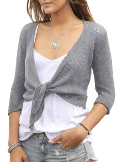 Saodimallsu Damen Leichte Strickjacke mit V-Ausschnitt Kurzarm Strickpullover Open Front 3/4 Ärmel Sommer Casual Cardigan Sheer Knotted Strand Tops Grau L von Saodimallsu