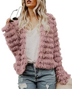 Saodimallsu Damen Mantel Elegant Langarm Offene Front Parka Zotteliger Kunstfell Coat Winter Jacke Parka Rosa Groß von Saodimallsu