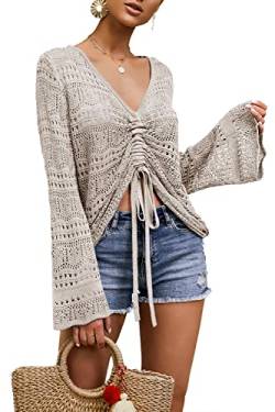 Saodimallsu Damen Oberteile Flowy Oversized Langarm Frühling Sommer Strickpullover V-Ausschnitt Crochet Sexy Pullover Grau von Saodimallsu