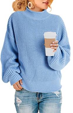 Saodimallsu Damen Oversized Pullover Rollkragen Zopfstrick Pullover Fledermaus Langarm Chunky Pullover Pullover Tops Z Waffelblau XL von Saodimallsu