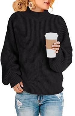 Saodimallsu Damen Oversized Pullover Rollkragen Zopfstrick Pullover Fledermaus Langarm Chunky Pullover Tops Z Waffel Schwarz L von Saodimallsu